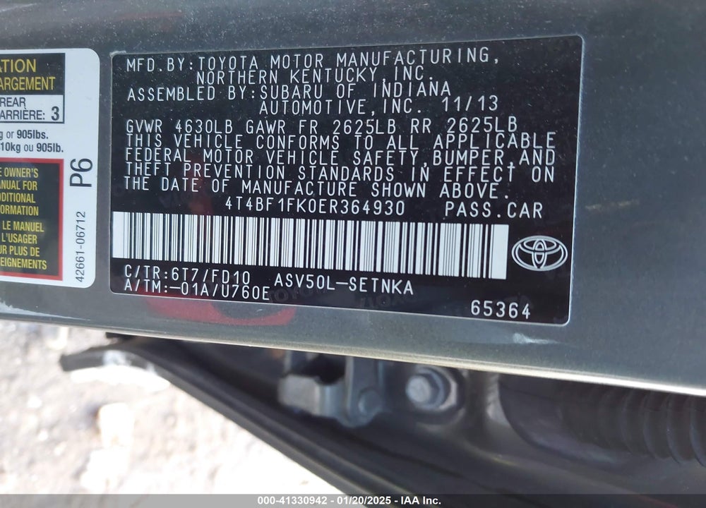 2014 TOYOTA CAMRY VIN: 4T4BF1FK0ER364930