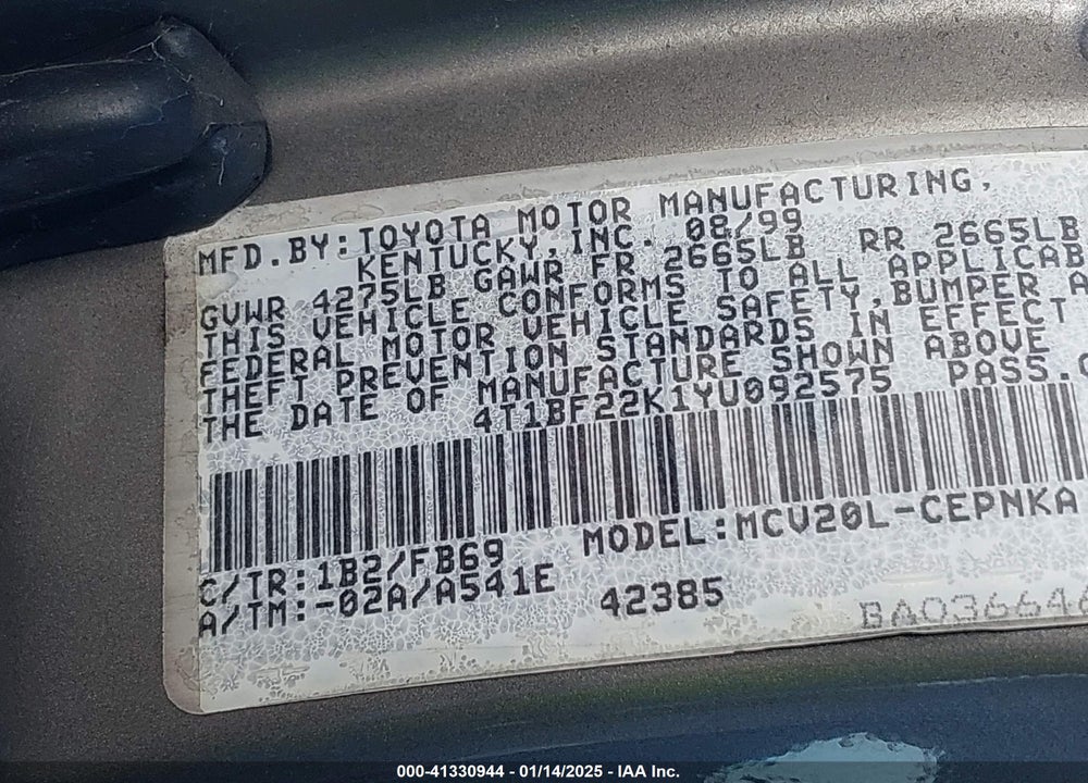 2000 TOYOTA CAMRY LE V6 VIN: 4T1BF22K1YU092575