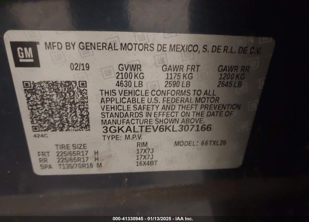2019 GMC TERRAIN SLE VIN: 3GKALTEV6KL307166