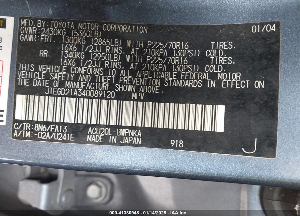 2004 TOYOTA HIGHLANDER VIN: JTEGD21A340089120