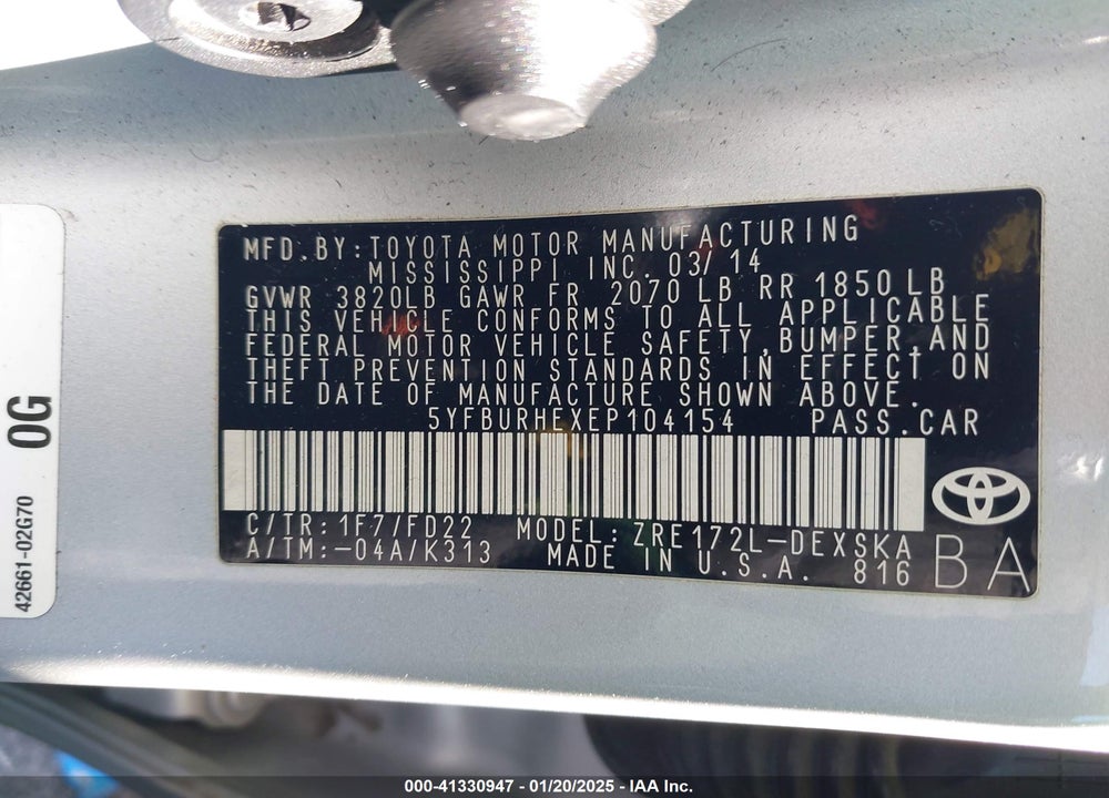 2014 TOYOTA COROLLA VIN: 5YFBURHEXEP104154