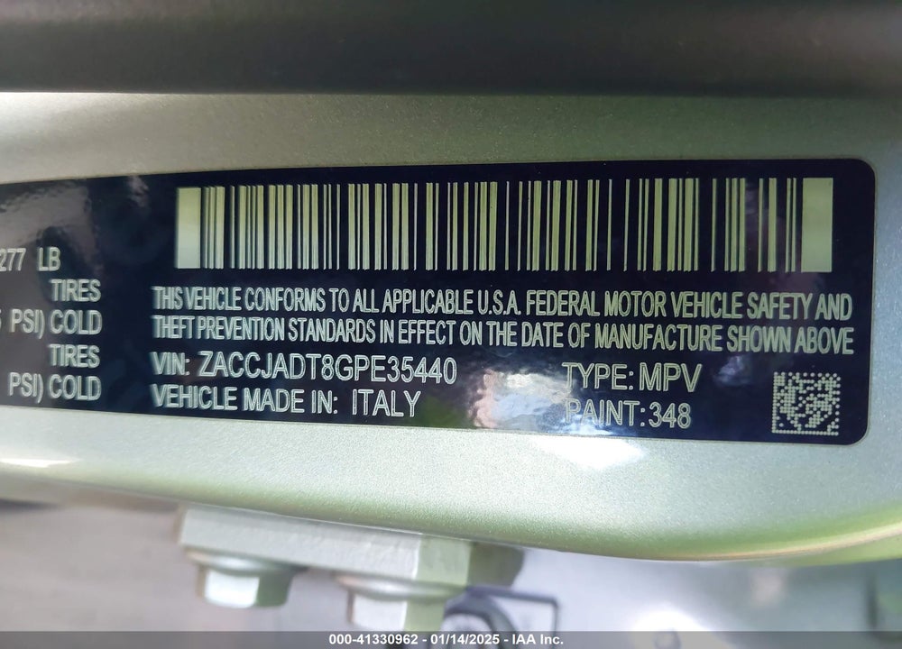 2016 JEEP RENEGADE LIMITED VIN: ZACCJADT8GPE35440
