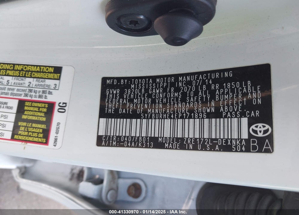 2014 TOYOTA COROLLA LE VIN: 5YFBURHE4EP171896
