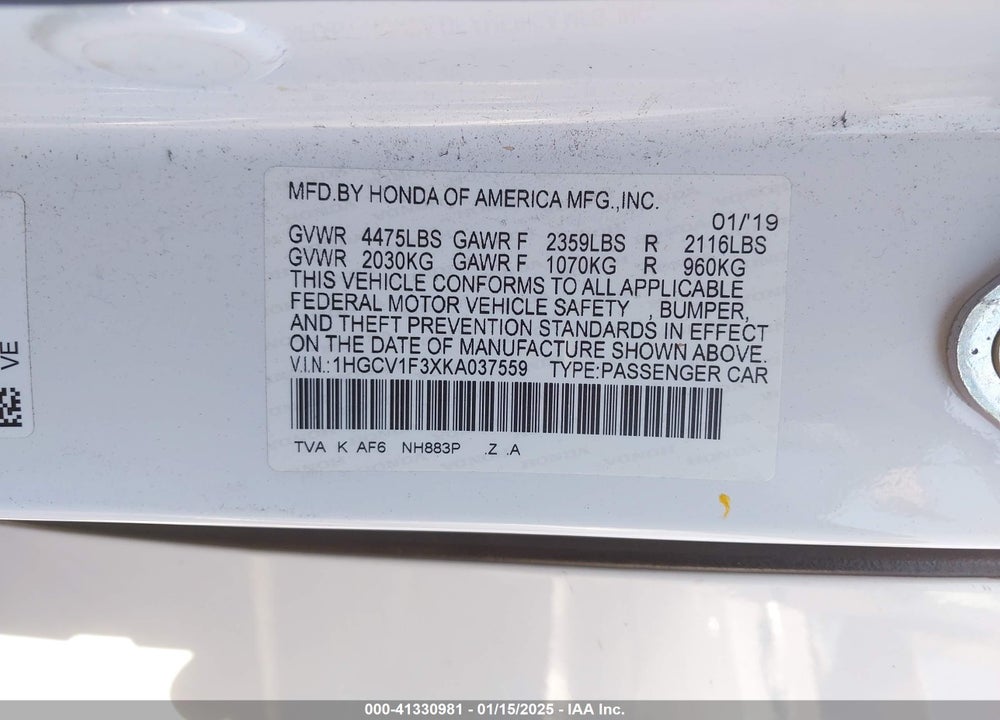 2019 HONDA ACCORD SPORT VIN: 1HGCV1F3XKA037559
