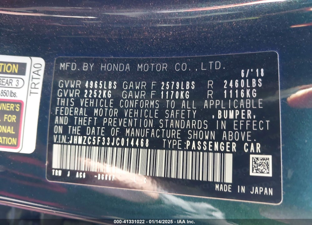 2018 HONDA CLARITY PLUG-IN HYBRID TOURING VIN: JHMZC5F33JC014468