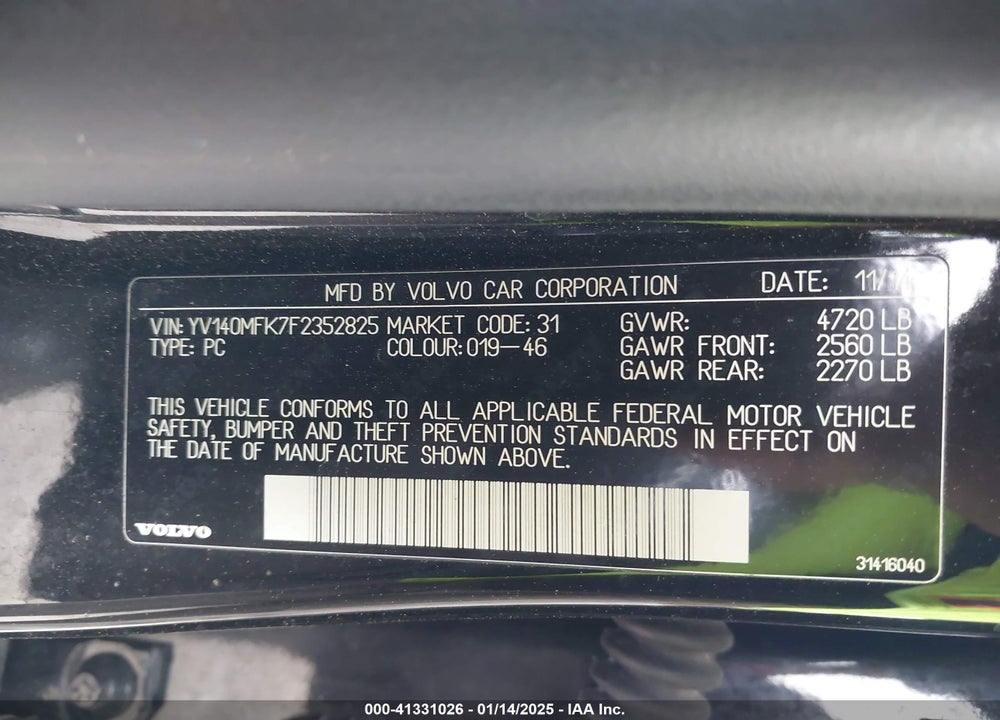 2015 VOLVO S60 VIN: YV140MFK7F2352825