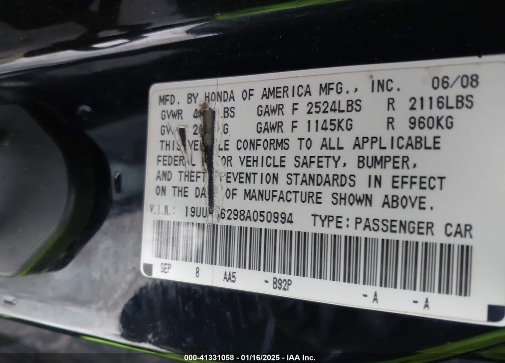 2008 ACURA TL VIN: 19UUA66298A050994