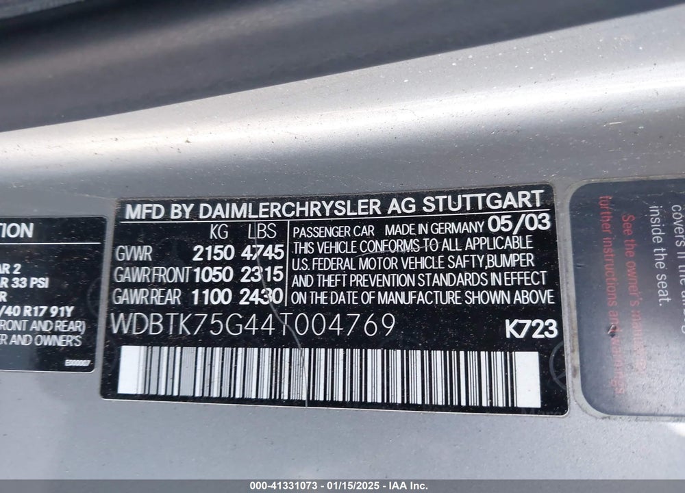 2004 MERCEDES-BENZ CLK 500 VIN: WDBTK75G44T004769