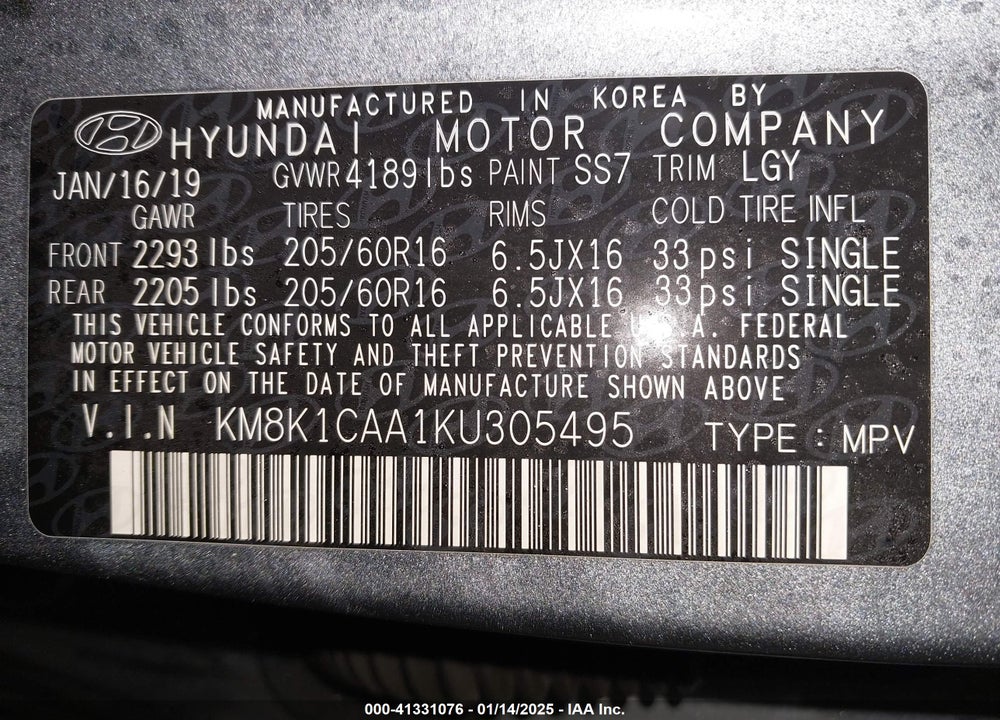 2019 HYUNDAI KONA SE VIN: KM8K1CAA1KU305495