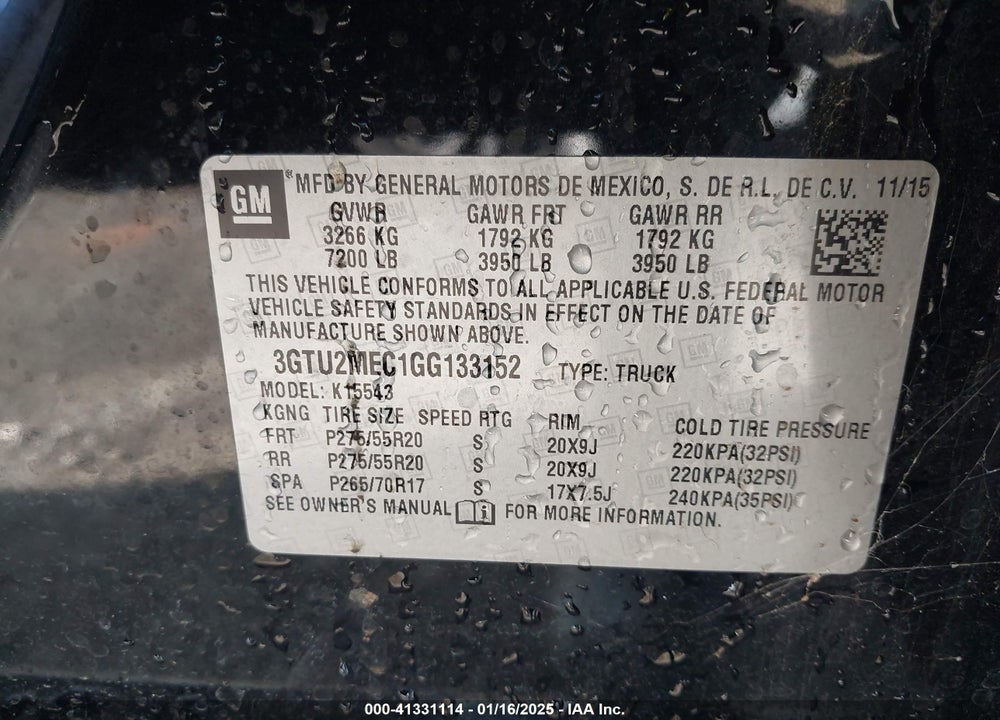 2016 GMC SIERRA 1500 VIN: 3GTU2MEC1GG133152