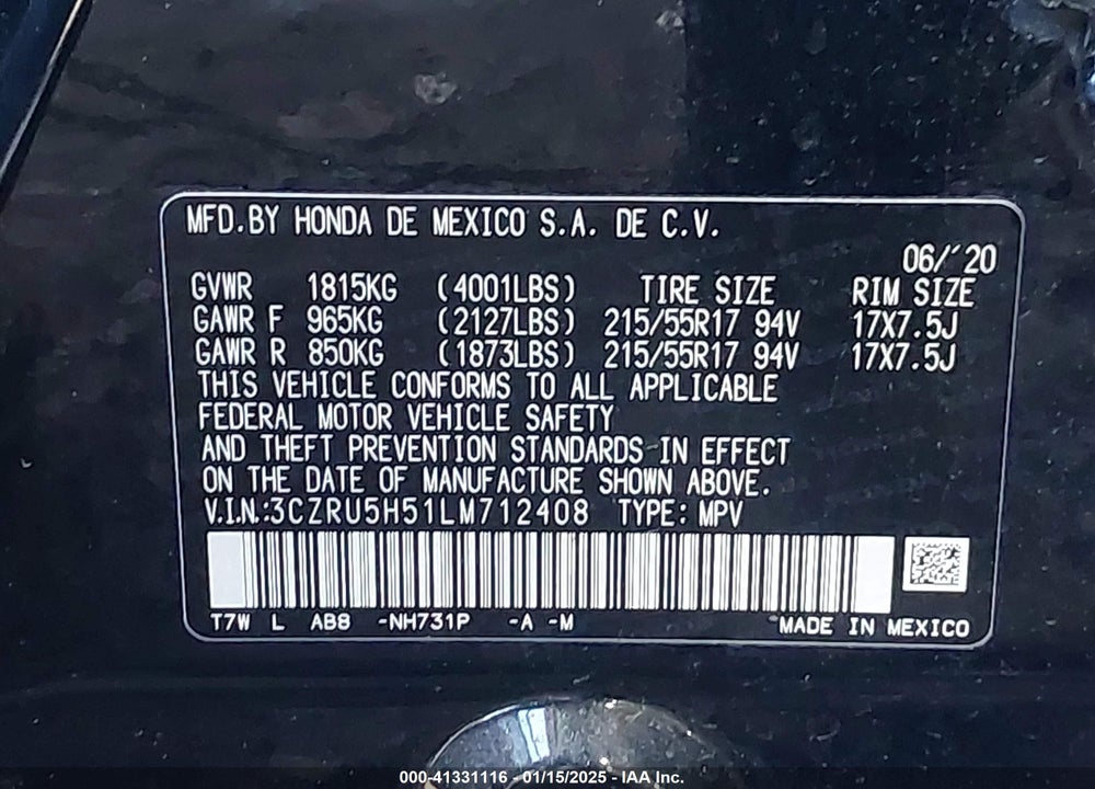 2020 HONDA HR-V 2WD EX VIN: 3CZRU5H51LM712408