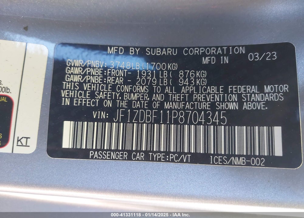 2023 SUBARU BRZ VIN: JF1ZDBF11P8704345