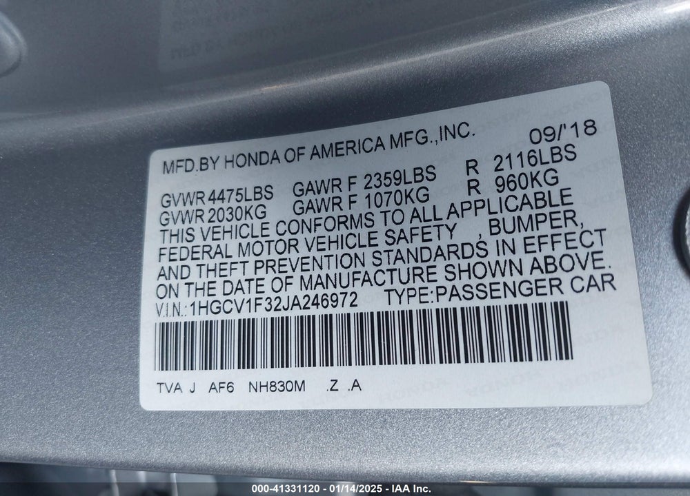 2018 HONDA ACCORD SPORT VIN: 1HGCV1F32JA246972