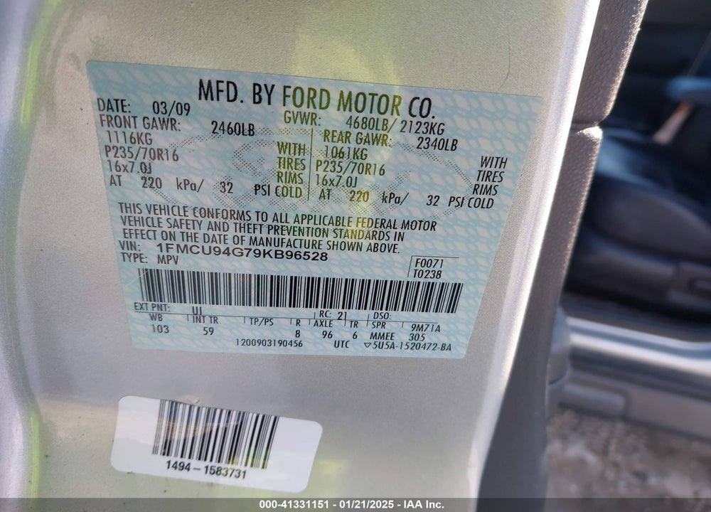 2009 FORD ESCAPE LIMITED VIN: 1FMCU94G79KB96528