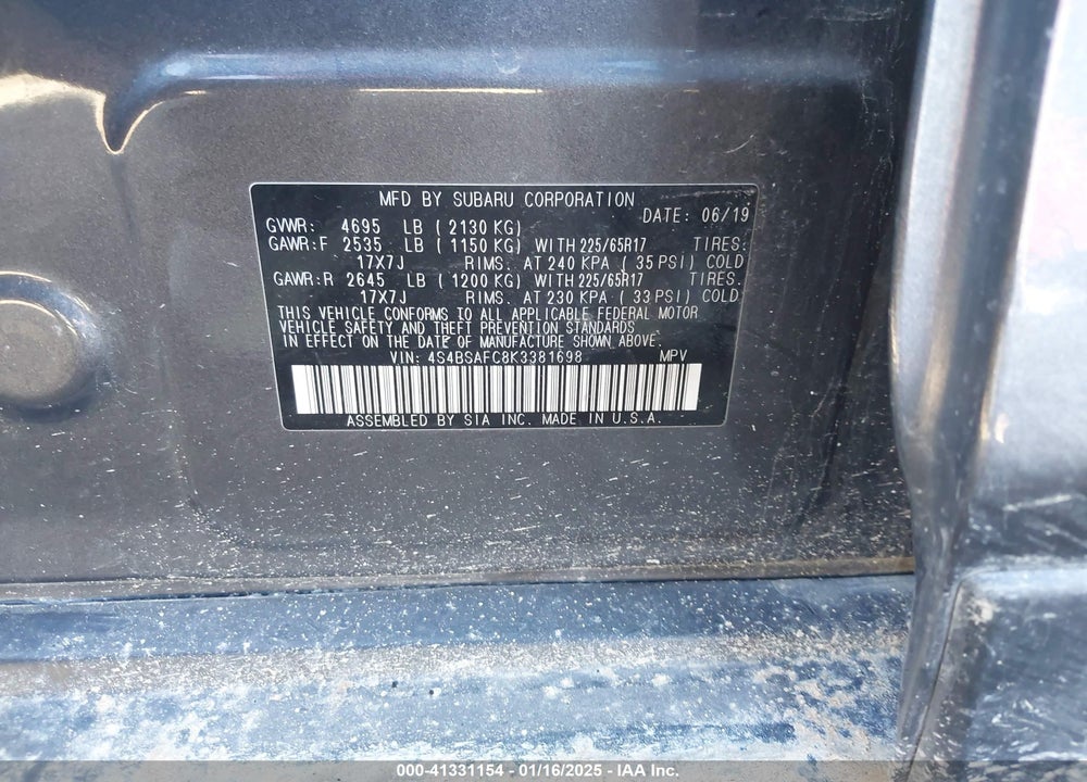 2019 SUBARU OUTBACK 2.5I PREMIUM VIN: 4S4BSAFC8K3381698