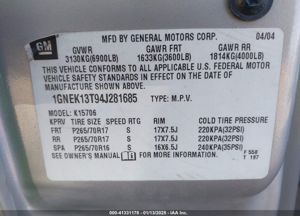 2004 CHEVROLET TAHOE LT VIN: 1GNEK13T94J281685