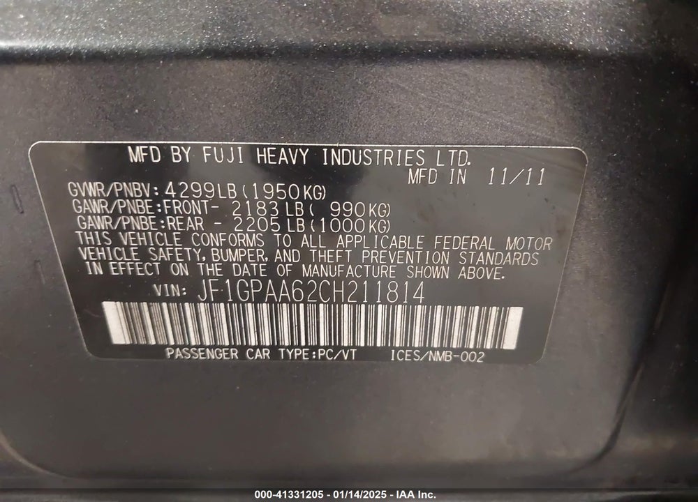 2012 SUBARU IMPREZA VIN: JF1GPAA62CH211814