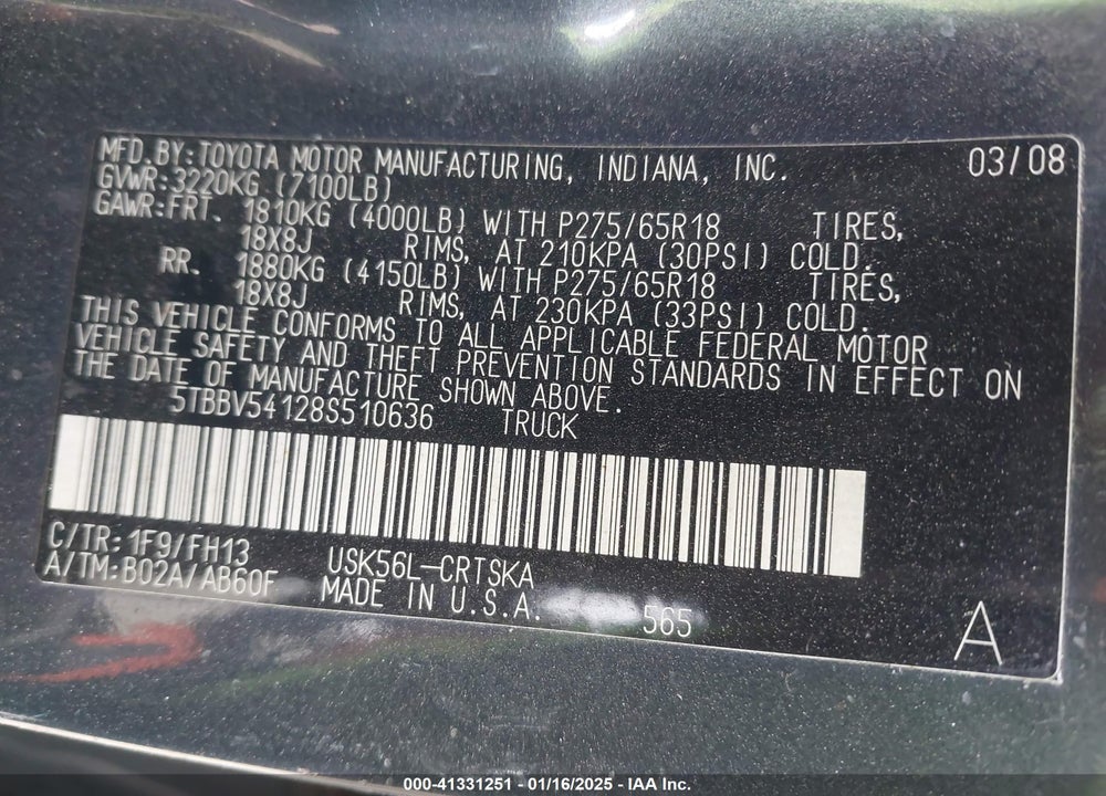 2008 TOYOTA TUNDRA VIN: 5TBBV54128S510636