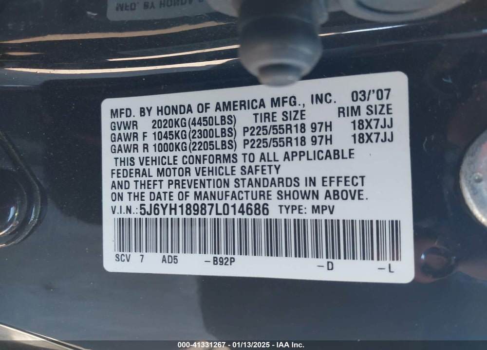 2007 HONDA ELEMENT SC VIN: 5J6YH18987L014686