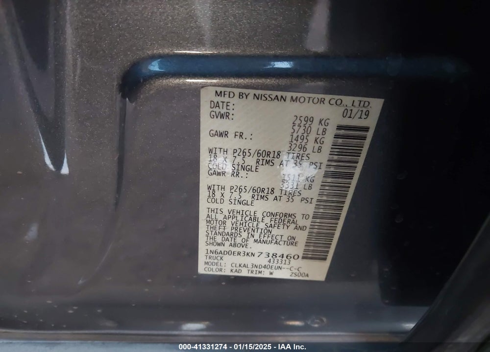 2019 NISSAN FRONTIER VIN: 1N6AD0ER3KN738460