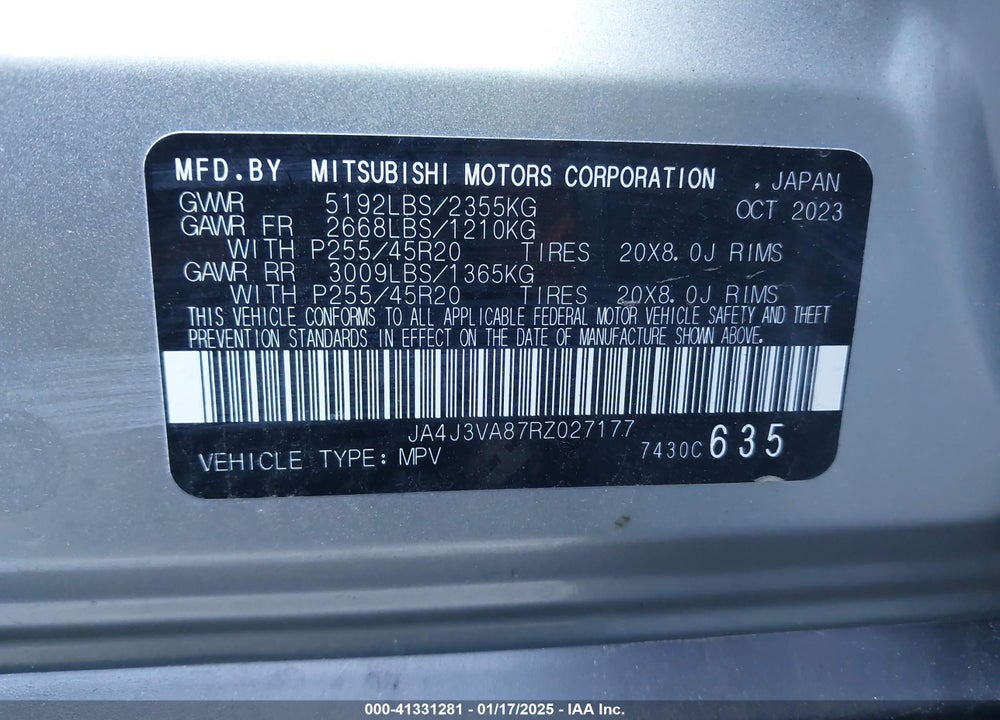 2024 MITSUBISHI OUTLANDER SE 2.5 2WD/SE BLACK EDITION S-AWC/SE BLACK EDITION W/PANO ROOF S-AWC VIN: JA4J3VA87RZ027177