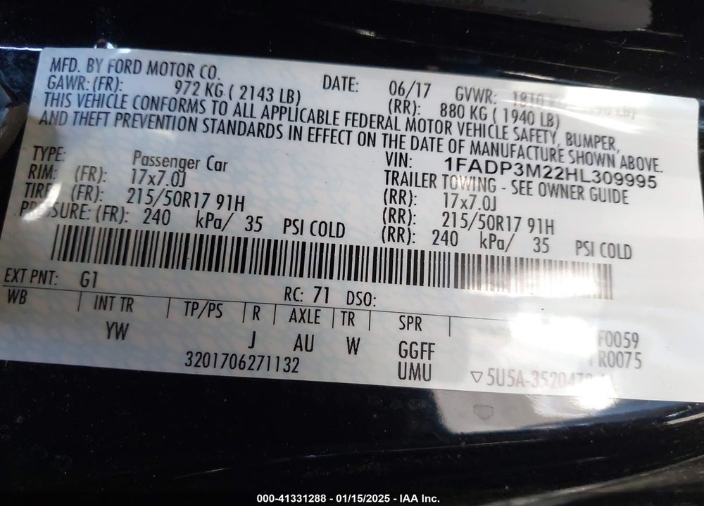 2017 FORD FOCUS SEL VIN: 1FADP3M22HL309995