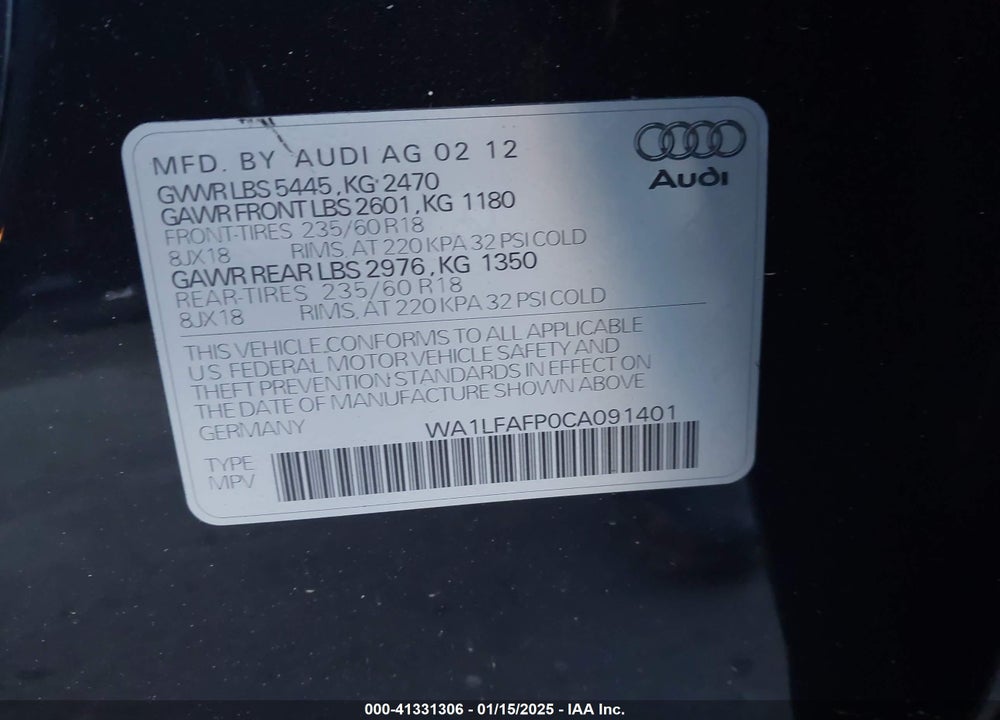 2012 AUDI Q5 2.0T PREMIUM VIN: WA1LFAFP0CA091401