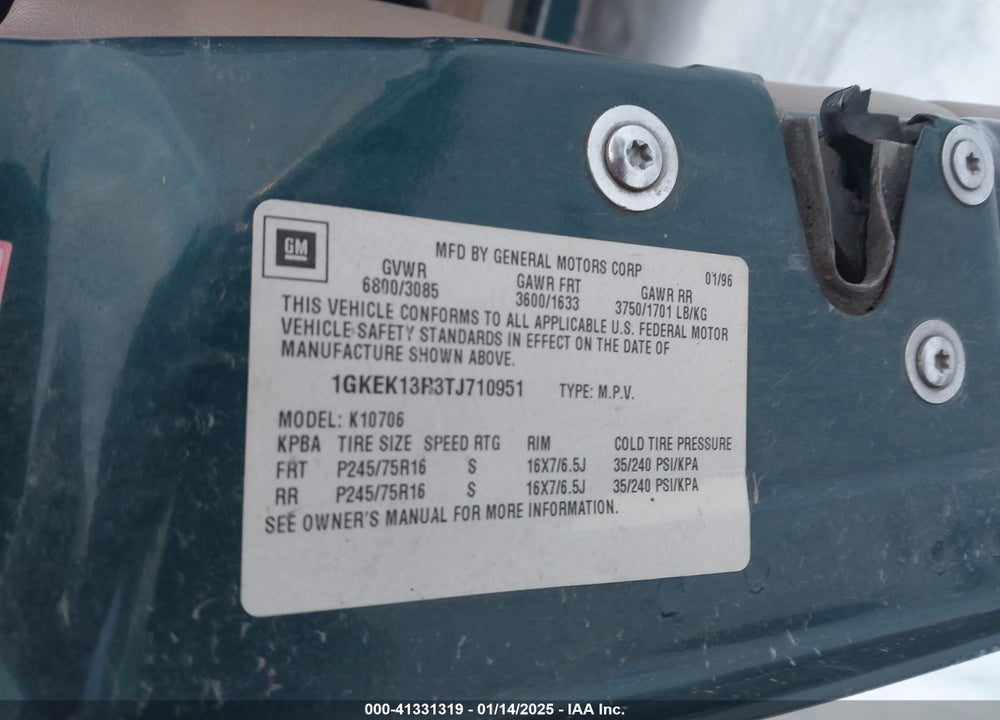 1996 GMC YUKON VIN: 1GKEK13R3TJ710951