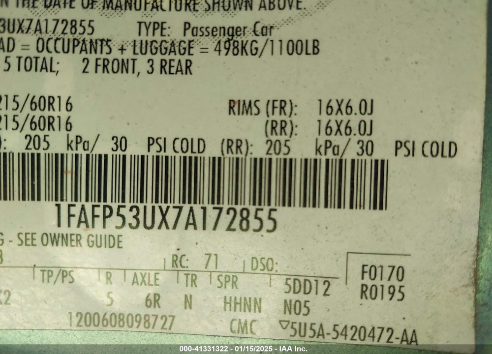 2007 FORD TAURUS SE VIN: 1FAFP53UX7A172855