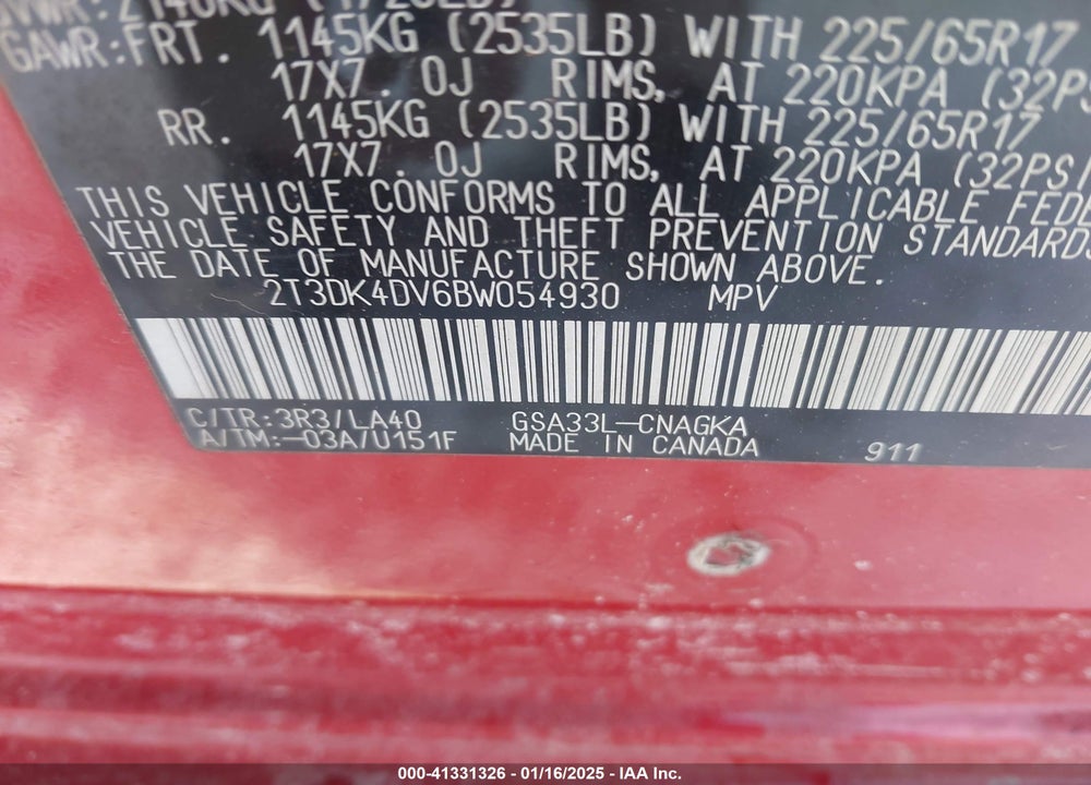 2011 TOYOTA RAV4 LIMITED VIN: 2T3DK4DV6BW054930