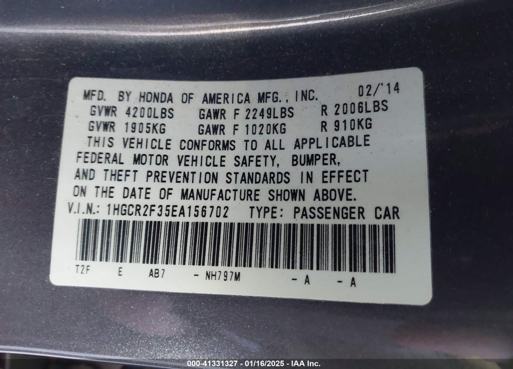 2014 HONDA ACCORD VIN: 1HGCR2F35EA156702