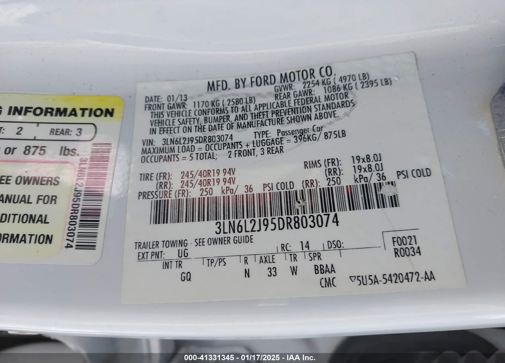 2013 LINCOLN MKZ VIN: 3LN6L2J95DR803074