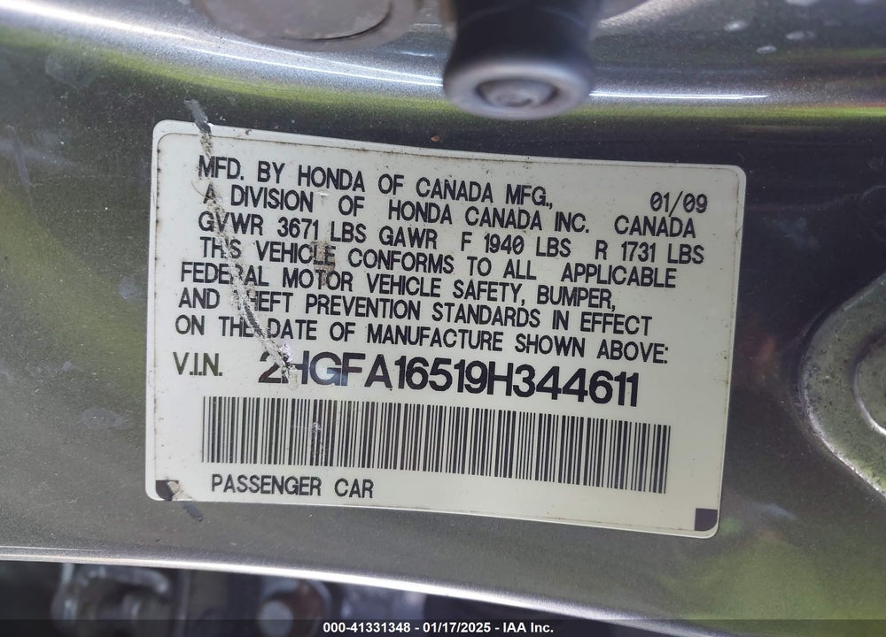 2009 HONDA CIVIC SDN VIN: 2HGFA16519H344611