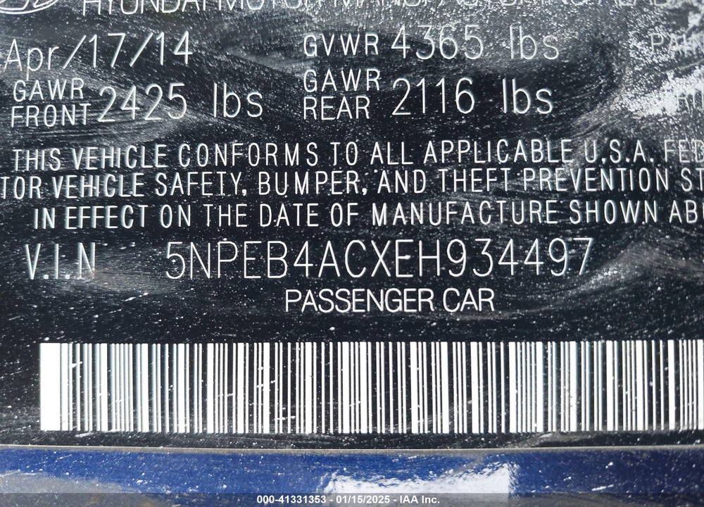 2014 HYUNDAI SONATA GLS VIN: 5NPEB4ACXEH934497