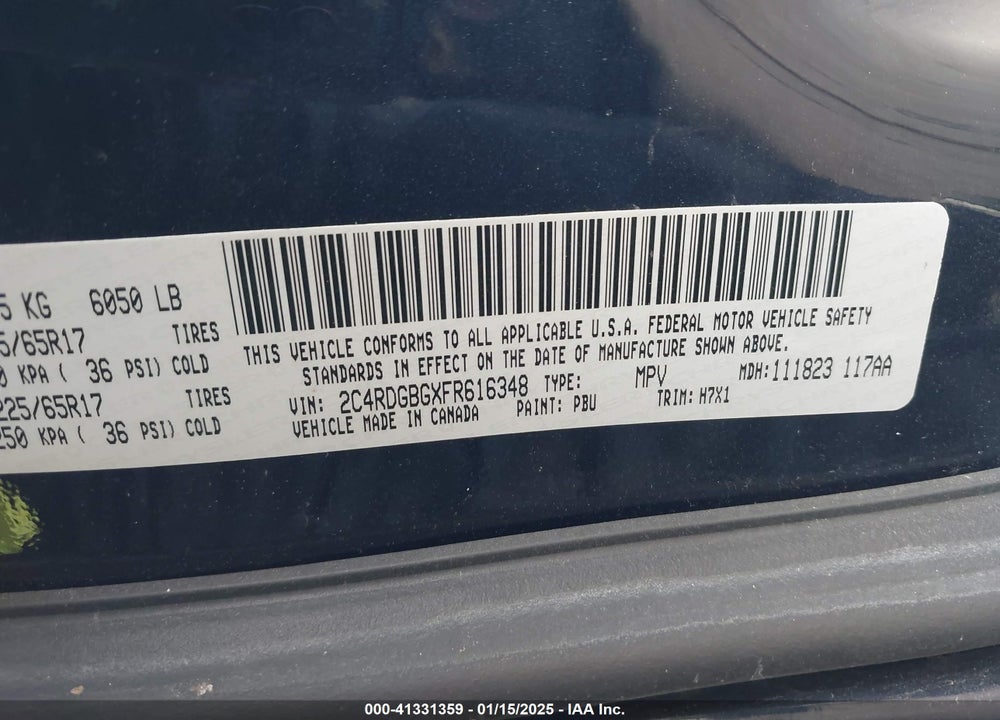 2015 DODGE GRAND CARAVAN SE VIN: 2C4RDGBGXFR616348