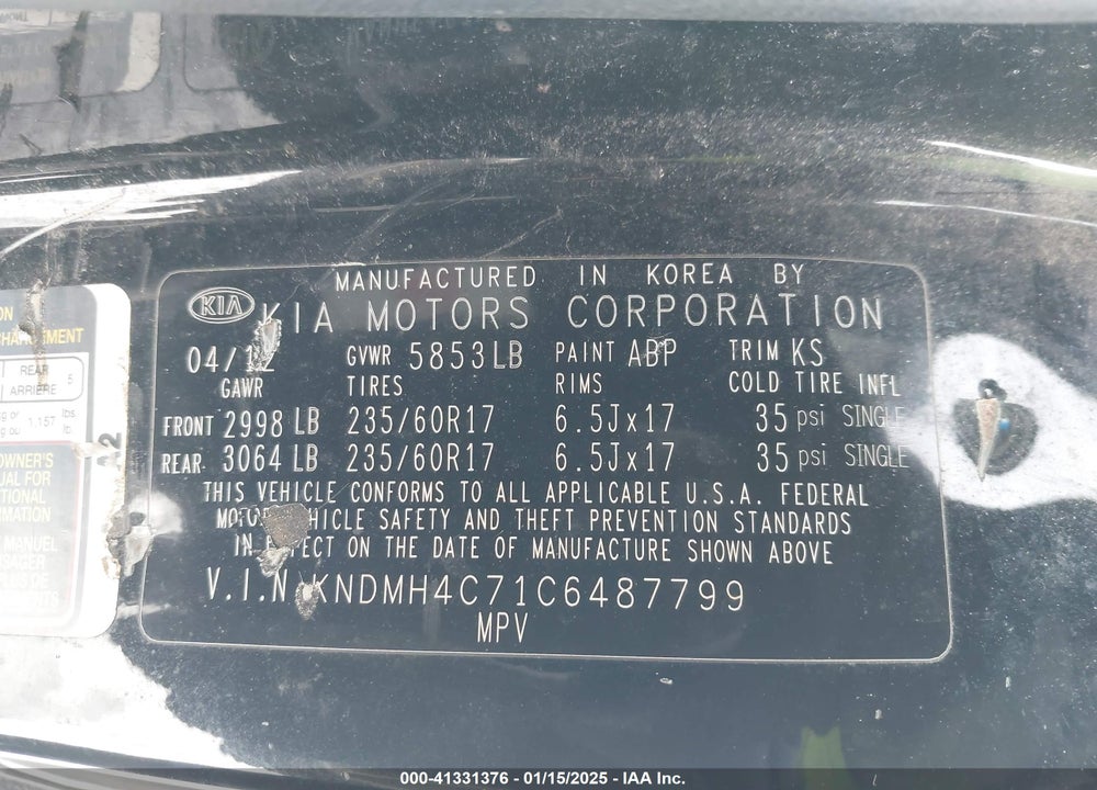 2012 KIA SEDONA EX VIN: KNDMH4C71C6487799