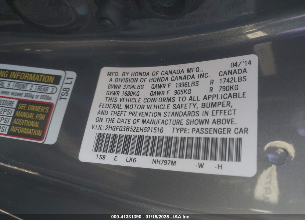 2014 HONDA CIVIC LX VIN: 2HGFG3B52EH521516