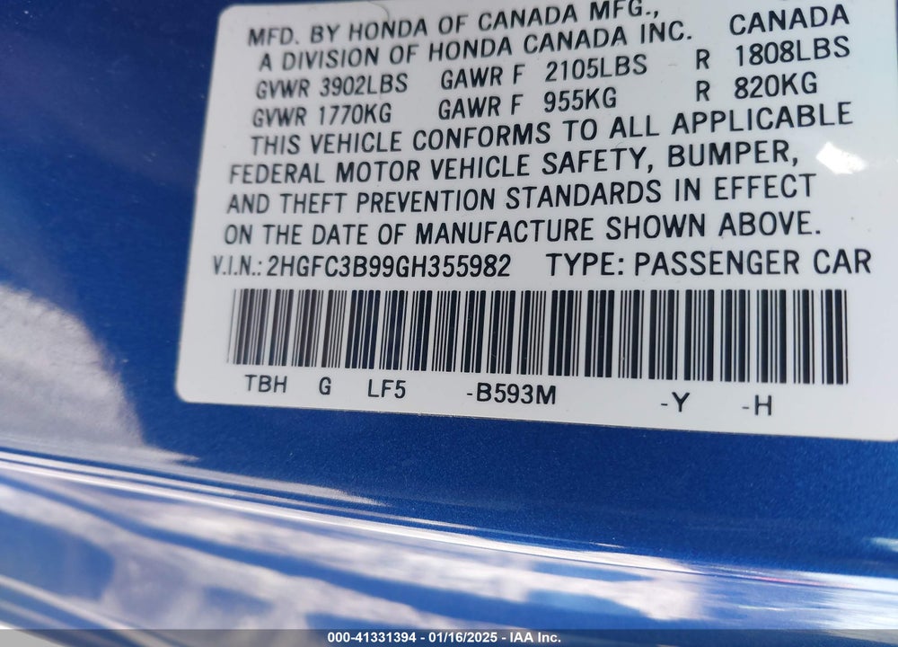 2016 HONDA CIVIC VIN: 2HGFC3B99GH355982