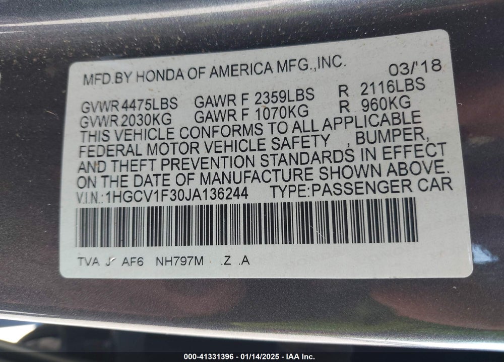 2018 HONDA ACCORD SPORT VIN: 1HGCV1F30JA136244
