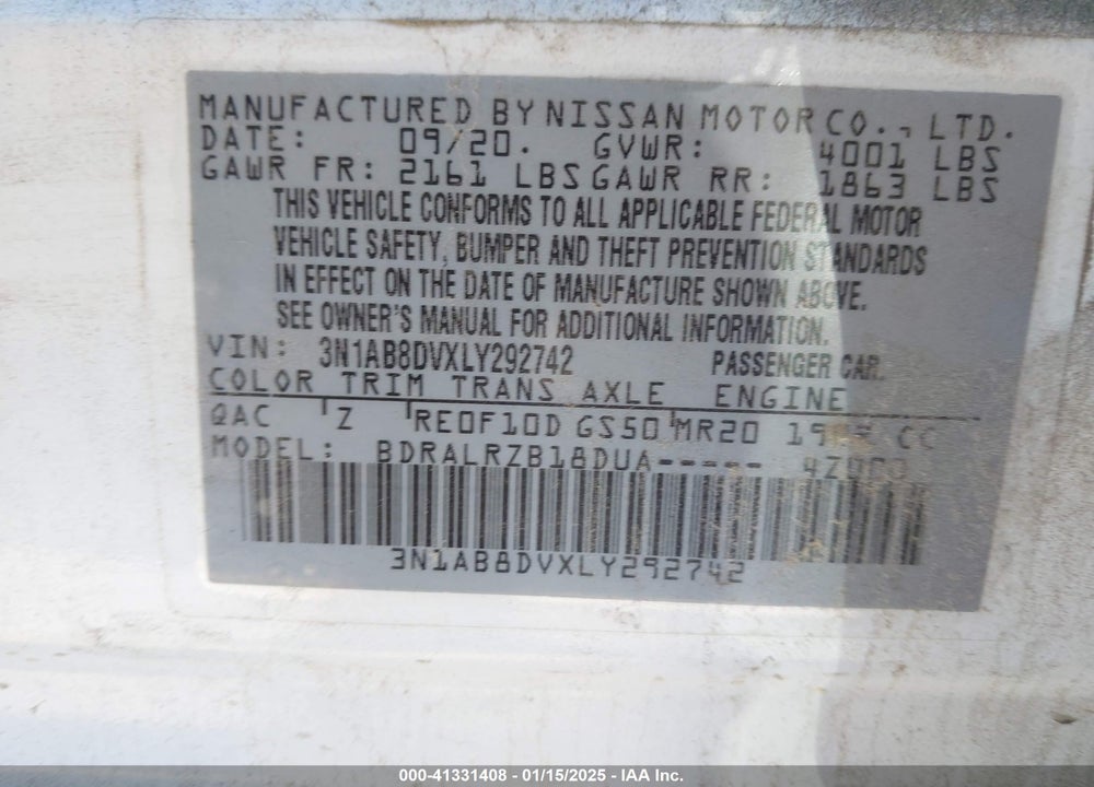 2020 NISSAN SENTRA VIN: 3N1AB8DVXLY292742