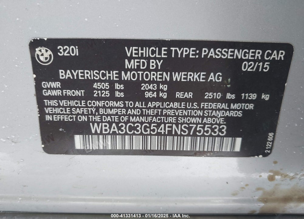 2015 BMW 320I VIN: WBA3C3G54FNS75533
