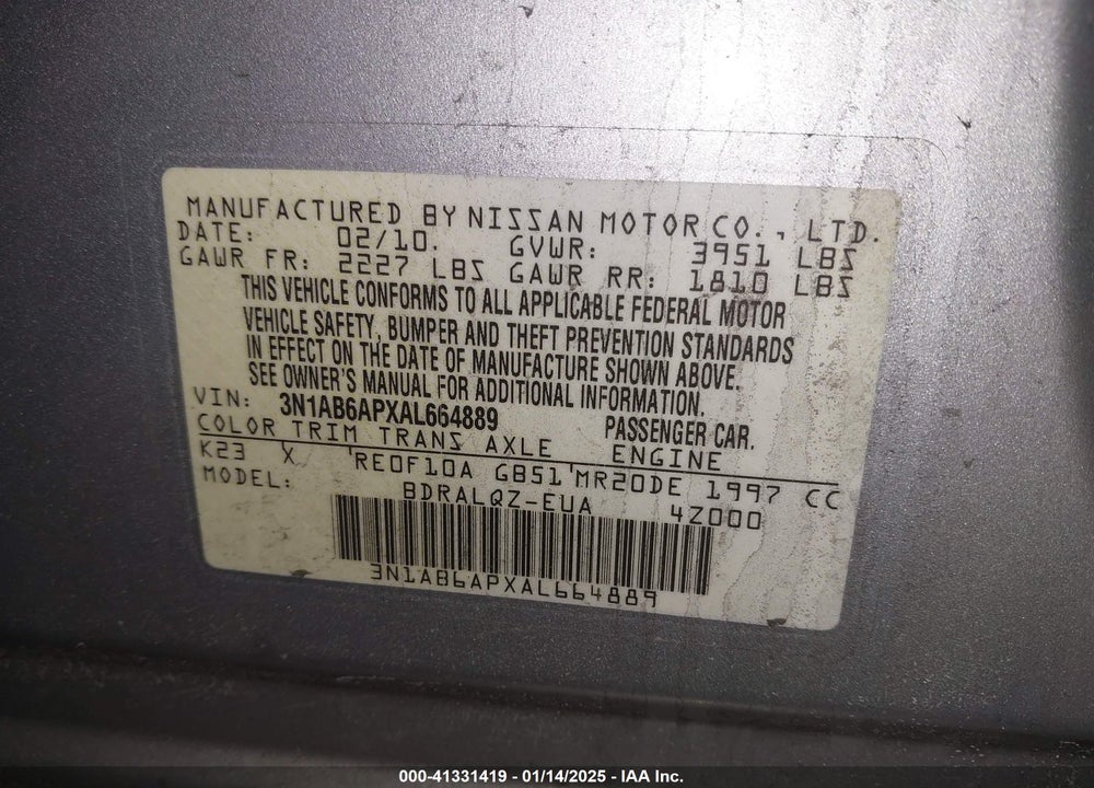 2010 NISSAN SENTRA VIN: 3N1AB6APXAL664889