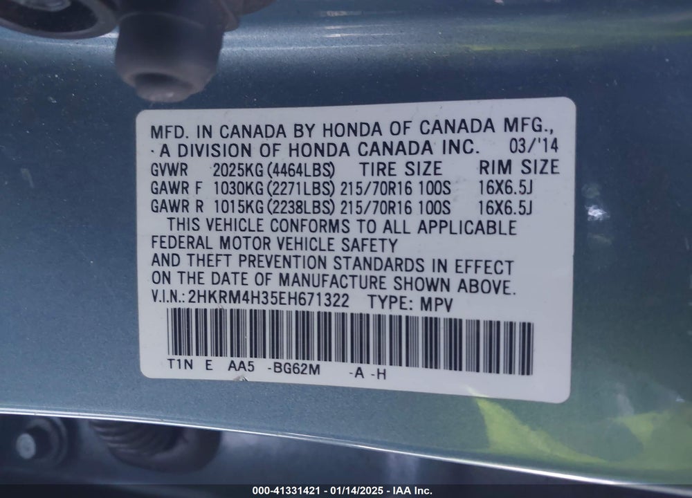 2014 HONDA CR-V LX VIN: 2HKRM4H35EH671322
