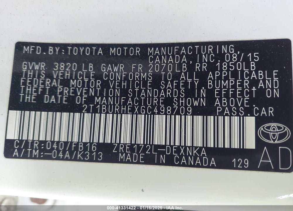 2016 TOYOTA COROLLA VIN: 2T1BURHEXGC498709