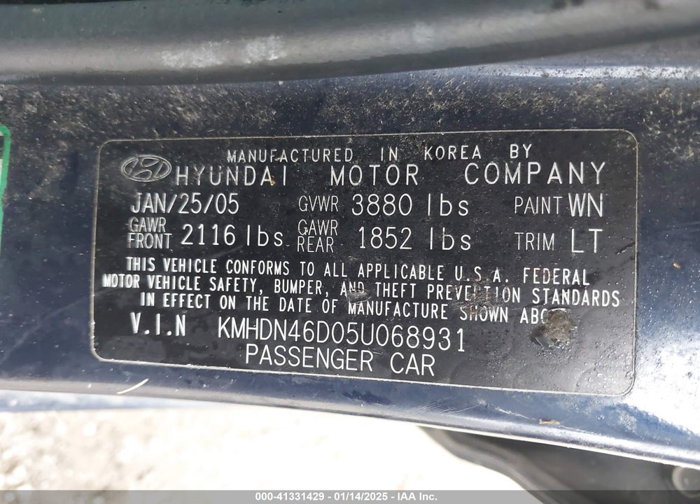 2005 HYUNDAI ELANTRA GLS/GT VIN: KMHDN46D05U068931