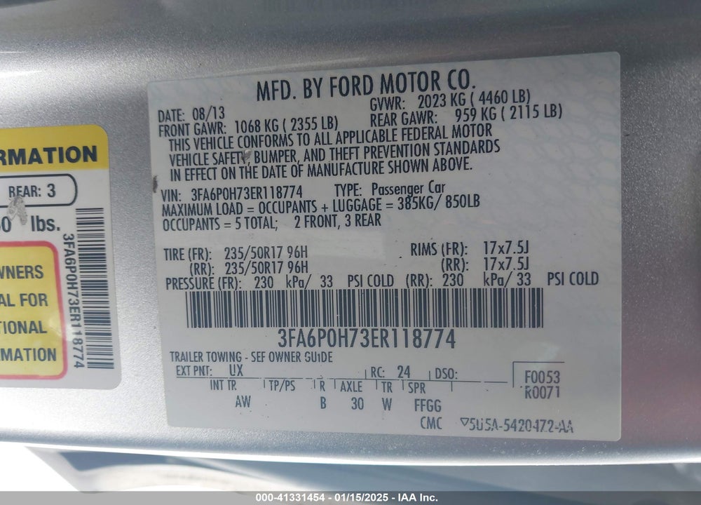 2014 FORD FUSION VIN: 3FA6P0H73ER118774