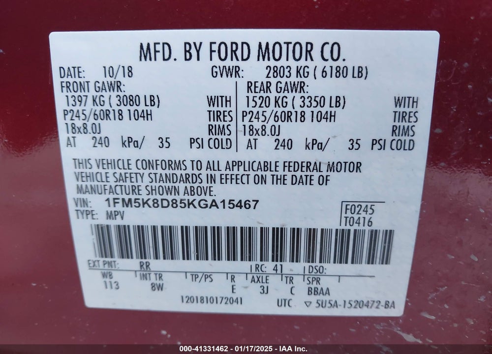 2019 FORD EXPLORER XLT VIN: 1FM5K8D85KGA15467