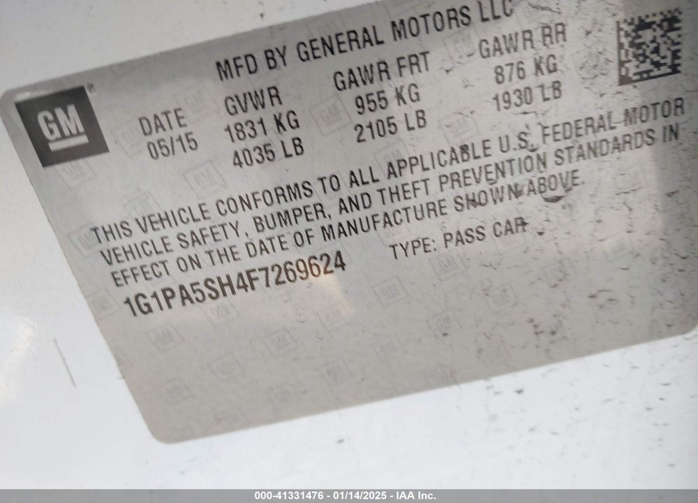 2015 CHEVROLET CRUZE VIN: 1G1PA5SH4F7269624