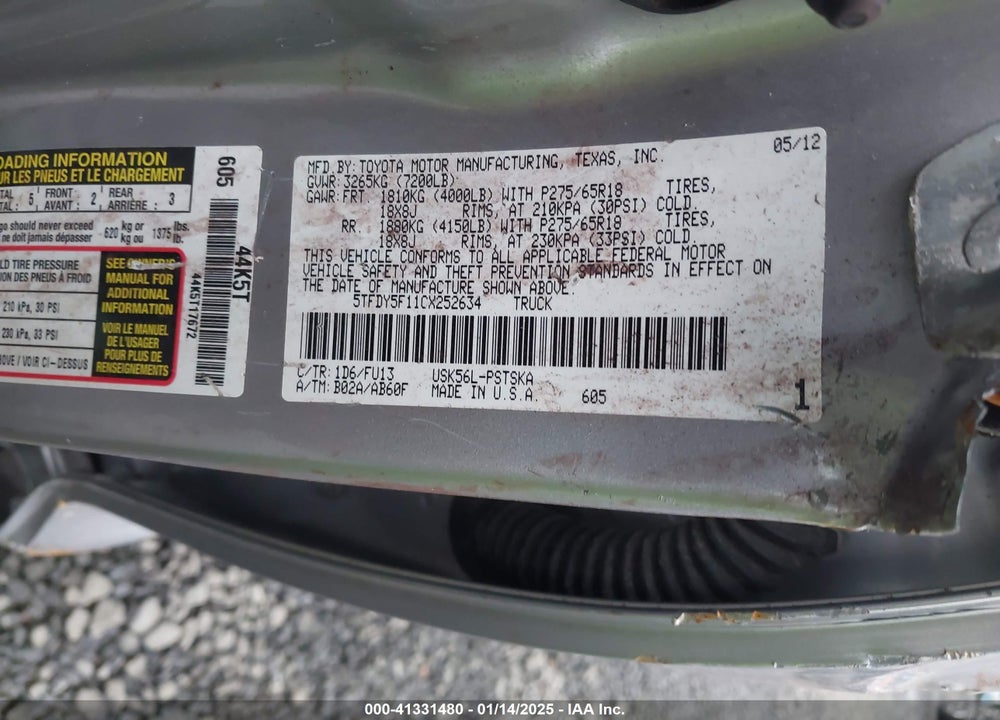 2012 TOYOTA TUNDRA VIN: 5TFDY5F11CX252634