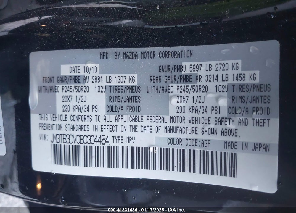 2011 MAZDA CX-9 GRAND TOURING VIN: JM3TB3DV0B0304454